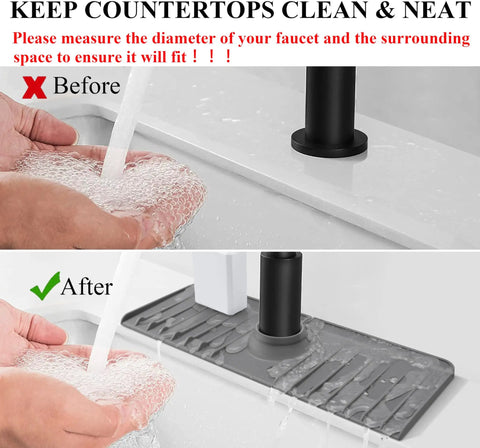 Before and after using Must Have 3 In 1 Sink Splash Guard With Silicone Faucet Drip Catcher Tray Soap Dish And Sponge Holder
