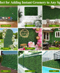 Nine scenes showcasing Sixteen 10 By 10 Inch Artificial Grass Wall Panels Pack Includes UV Resistant Boxwood Faux Greenery For Indoor And Outdoor Use Perfect For Privacy Fences Patio Balconies Weddings Photo Backdrops And Party Decor, in various settings.