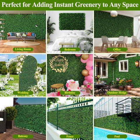 Nine scenes showcasing Sixteen 10 By 10 Inch Artificial Grass Wall Panels Pack Includes UV Resistant Boxwood Faux Greenery For Indoor And Outdoor Use Perfect For Privacy Fences Patio Balconies Weddings Photo Backdrops And Party Decor, in various settings.