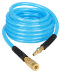 Heavy Duty Reinforced Polyurethane Air Hose For Compressors 3/8 Inch By 25 Feet, blue coiled hose with brass quick coupler and plug