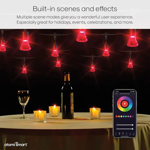 WiFi Enabled Color Changing Outdoor String Lights 48Ft 24 Shatterproof Bulbs 20W LEDs over a table with candles and wine