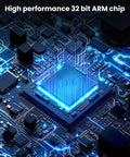 High performance 32-bit ARM chip on a circuit board with glowing blue accents.