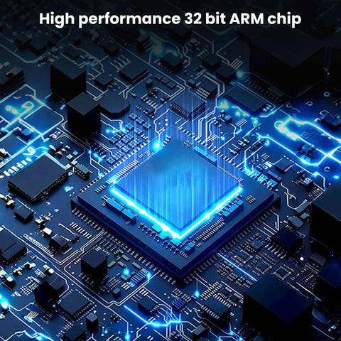 High performance 32-bit ARM chip on a circuit board with glowing blue accents.