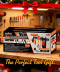 Heavy Duty Garage Wall Rack System With 4 Steel Rails And 9 Heavy Double Hooks Movable Tracks box on a workbench.