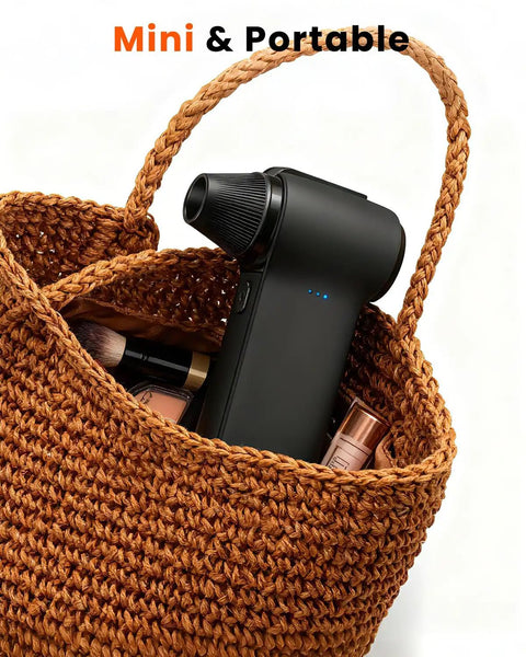 Beast Power Cordless Air Duster With 180000 RPM Turbo Airflow inside woven basket, highlighting portability.