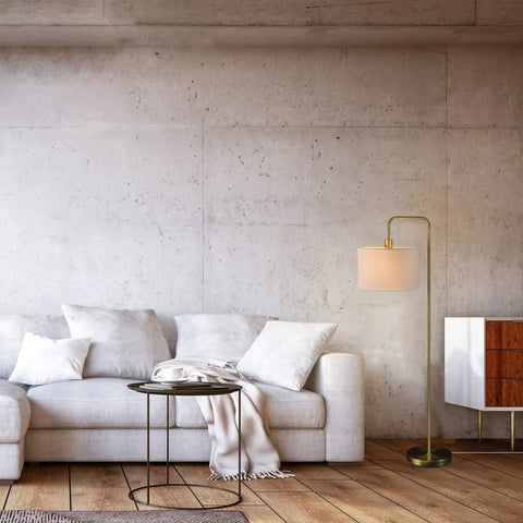 58 Inch Floor Lamp In Brass Finish With White Linen Shade On Off Rotary Socket Switch Tall Standing Lamp For Living Room Corner