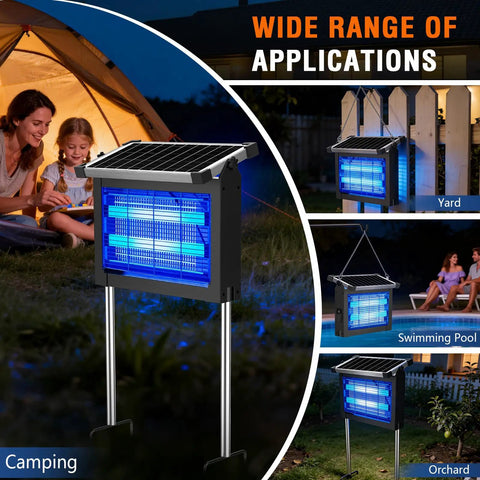Cordless Outdoor Solar Bug Zapper With 4500V Grid Waterproof Mosquito Killer installed in yard near tent at night