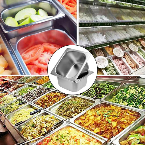 Eight Pack Steam Table Pans 1/6 Size 2.5 Inch Deep Stainless Steel Anti Jam Food Pans For Buffet Service Hotel And Restaurant Catering Supplies Durable Dent Resistant displayed with food arrangement