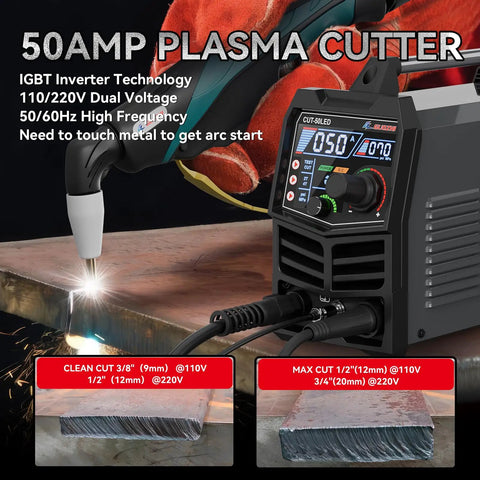 Dual Voltage Plasma Cutter 110 And 220 Volt, 50 Amp Inverter With Pilot Arc, Large LED Display, cutting metal sheet