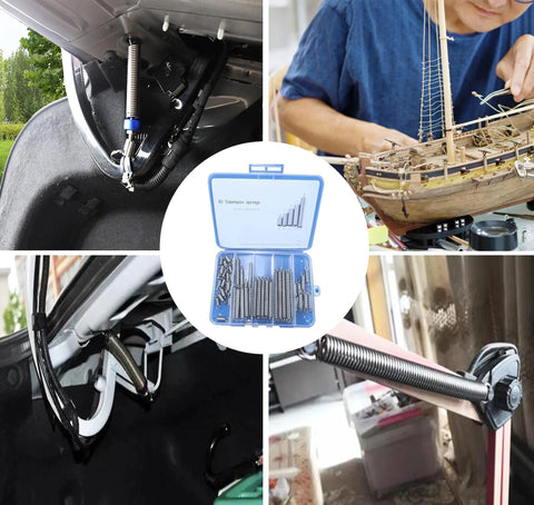 60-piece stainless steel extension spring assortment kit with hook ends in blue case; 0.035" wire, 1/4" OD, 13/32"–2-1/4" lengths