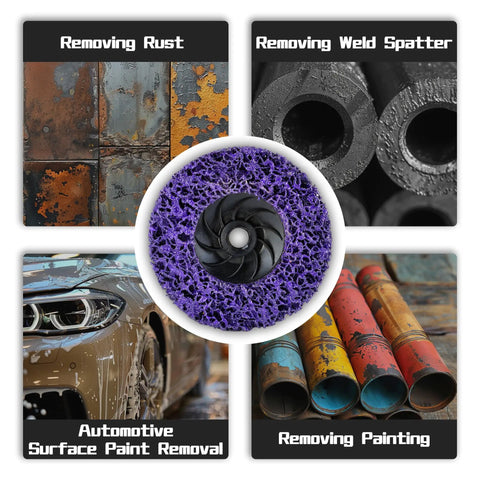 12 Pack 4.5 Inch Strip Discs With 5/8-11 Thread For Angle Grinder Blue Purple Green Black Abrasive Wheels Designed To Strip Paint Remove Rust Oxidation And Weld Spatter For Fast Metal Cleanup; purple disc in center, different uses illustrated in quadrants around disc.