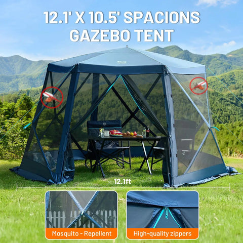 Front view of Pop Up Gazebo Tent With Wind Panels 12.1 Ft By 10.5 Ft Waterproof Screen House With Mesh Ventilation UV Protection Navy Blue Outdoor Shelter