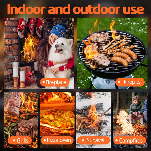Collage showing uses of Waterproof 72 Pack Fire Starters For Campfires Grills And Camping Easy Light Wood Charcoal Start