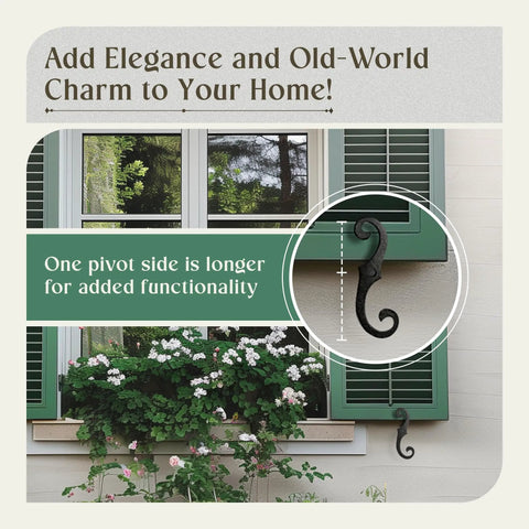 Old School Vintage S Style Cast Iron Window Shutter Dogs With Rust Resistant Powder Coat for outdoor use shown on green shutters.