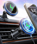 3 In 1 Car Phone Mount Charger with 15W Wireless Fast Charge, LED ambient light in a car vent holding an iPhone