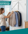 Woman hanging clothes on Over The Door Hanger Rack, Foldable Closet Organizer For Clothes And Towels in bedroom