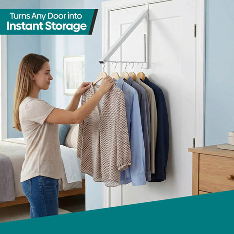 Woman hanging clothes on Over The Door Hanger Rack, Foldable Closet Organizer For Clothes And Towels in bedroom