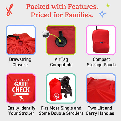 Gate Check Stroller Bag For Single And Some Double Strollers, Travel Bag For Air Travel, Fits Most Standard Baby Strollers, red design with features highlighted