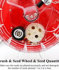 Close-up of red seed wheel mechanism in Hand Seed Spreader and Fertilizer Applicator, 12 Beak Manual Seeder, Handheld Seeding Machine