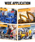 Four images showing industrial fluids, construction equipment, automotive repair, and manufacturing production applications.