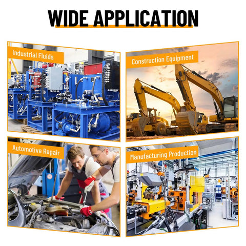 Four images showing industrial fluids, construction equipment, automotive repair, and manufacturing production applications.