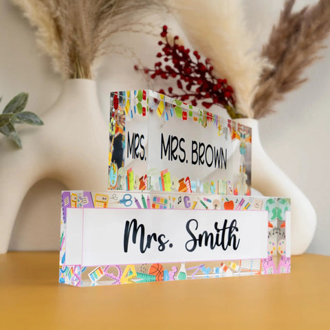 Customizable Teacher Desk Name Plate in 12 Designs and 9 Fonts, Available in 2 Sizes, Acrylic Office Name Plate Gift for Teachers.