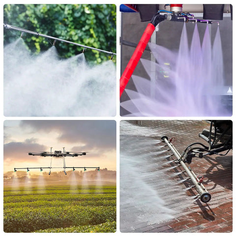 Collage showing 6 Pack Flat Fan Spray Tip 80 Degree 1/4 BSPT Male Pro Grade Stainless Steel Pressure Washer Nozzles Replacement for Water Guns