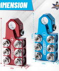 Colored Battery Terminal Clamps Set With Red Positive And Blue Negative Anode Tops, 12 Way Tapered Top Post, dimensions shown