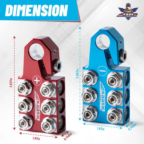 Colored Battery Terminal Clamps Set With Red Positive And Blue Negative Anode Tops, 12 Way Tapered Top Post, dimensions shown