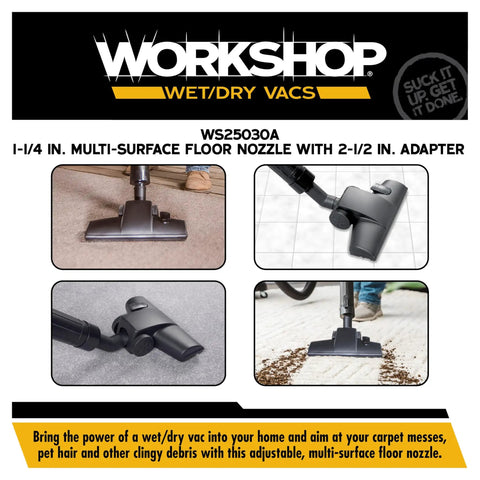 All-Purpose Wet Dry Vacuum Floor Nozzle Attachment For Carpet And Hard Floors shown on carpet and tile surfaces