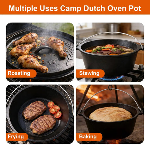 Preseasoned Cast Iron 8 Qt Dutch Oven With Lid For Outdoor Camping Campfire Grilling Oven And Stovetop Cooking Includes Lid