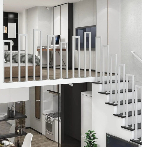 Rock Solid White Wrought Iron Handrail U Shaped Guardrail indoor balcony view with modern decor, white finish railing.