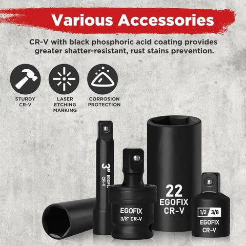 Beast Mode Impact Socket Set With Three Eighths Inch Drive Fifty Piece SAE And Metric 6 Point Sockets From Five Sixteen To Three Quarters Inch And Eight To Twenty Two Millimeter Adjustable Ratchet Extensions Universal Joint Adapters CR V Steel featuring various accessories with black coating.