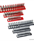 Red and black Six Piece Socket Organizer Set For SAE And Metric Sockets, Fits Quarter Inch, Three Eighths Inch, And Half Inch Drive Sockets