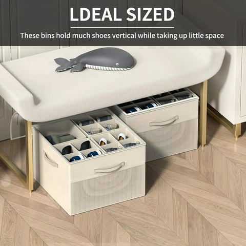 Foldable Closet Shoe Organizer Set, 2 Pack With Adjustable Dividers And Clear Cover beneath bench, fits 16-32 pairs