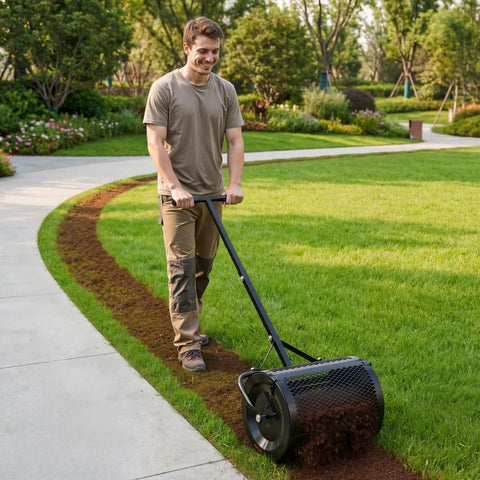 Man using Beefy Compost Spreader For Lawn Care And Garden, 16.5 Inch Wide Peat Moss Spreader With T Shaped Handle on grass