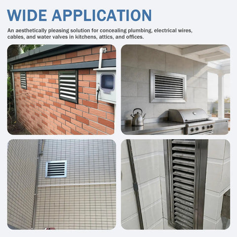 Solid As A Rock Premium Heavy Duty 304 Stainless Steel Louvered Access Panel in various installations for plumbing concealment.