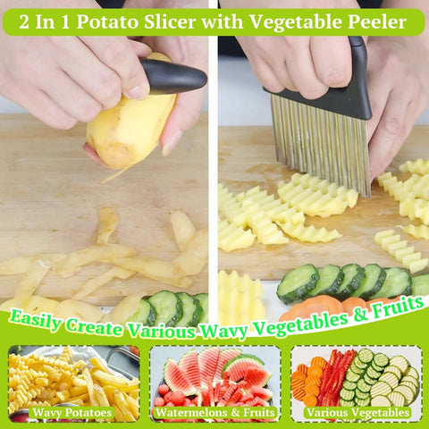 Suuker 2-in-1 crinkle cutter and vegetable peeler with stainless steel wavy blade and black handle for potatoes