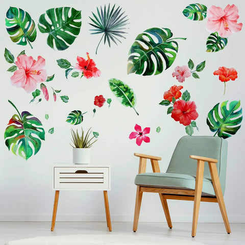 66 Pieces Large Hawaiian Floral Wall Decals Set With Palm Leaves And Hibiscus for DIY Craft Home Decor Removable Window Clings Jungle Tropical Vibe Wall Stickers on white wall