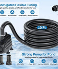 Image of 10 ft corrugated tubing connected to 1200GPH pump from Pond Waterfall Spillway Kit With 1200GPH Pump, 10 Ft Corrugated Tubing, Filter Media, And Spillway For Outdoor Pondless Waterfall, Streams And Water Features.