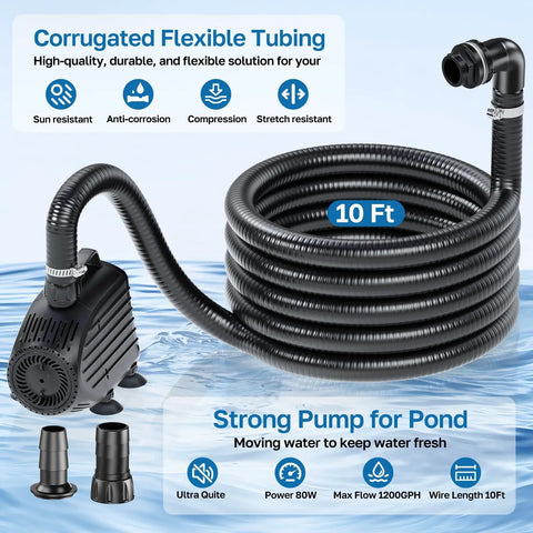 Image of 10 ft corrugated tubing connected to 1200GPH pump from Pond Waterfall Spillway Kit With 1200GPH Pump, 10 Ft Corrugated Tubing, Filter Media, And Spillway For Outdoor Pondless Waterfall, Streams And Water Features.