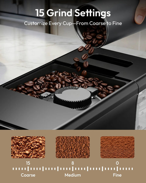 Smooth Morning Shots With This Fully Automatic Espresso Machine Featuring Built In Grinder Milk Frother Touch Screen Display Auto Self Clean 15 Settings 20 Bar Pressure Brews Daily Grinds showing 15 grind settings for coffee.