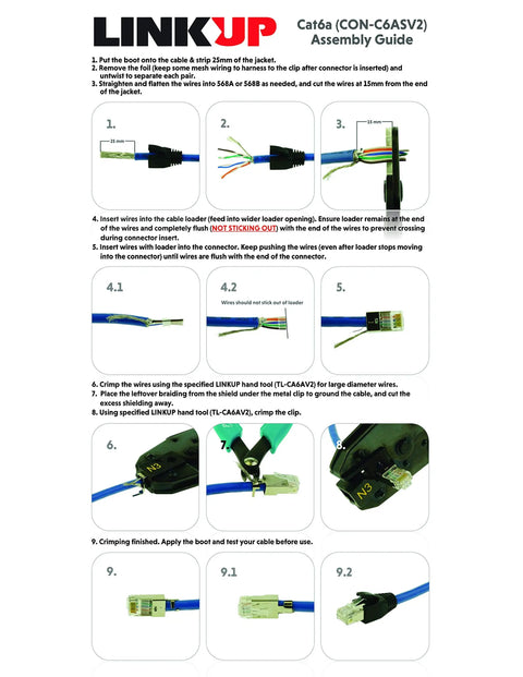Step-by-step assembly guide for RJ45 STP Shielded Connector Crimping Tool For Cat6A Large Diameter Wires And Modular Plugs.