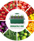 120 Cell Seed Starter Kit With 10 Seedling Trays 12 Cells Each Humidity Dome Green Base with seedlings, surrounded by fruit and veggie images