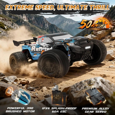 One Sixteenth Scale 4x4 Beast RC Monster Truck With 50 KPH Peak Speed 390 High Torque Motor on rocky terrain