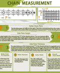Diagram illustrating a roller chain measurement guide with labeled dimensions and descriptions for accurate sizing.
