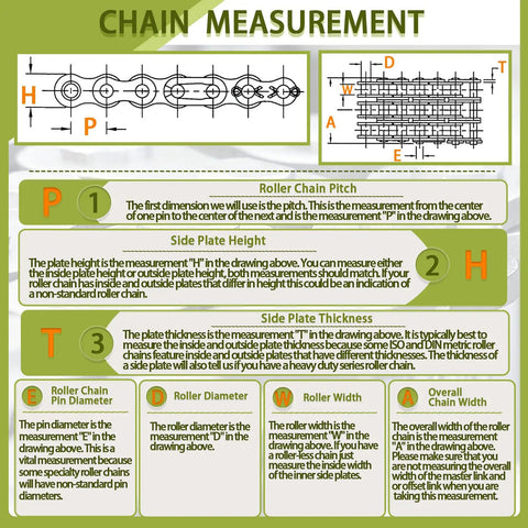 Diagram illustrating a roller chain measurement guide with labeled dimensions and descriptions for accurate sizing.
