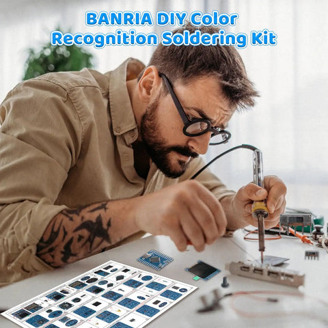 DIY Color Recognition Soldering Project Kit With TCS34725 Sensor Lets You Build A Real Time Color Detector That Displays RGB Values Brightness Hue And Saturation On A 1.69 Inch Screen, man soldering PCB