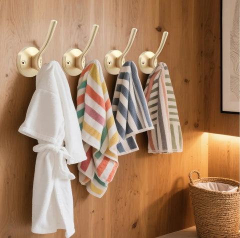 Gold Hat And Coat Hooks 4 Pack Heavy Duty Metal Wall Mounted Hangers For Coat Backpack Towel And Accessories In Bathroom Entryway Closet Or Garage Built From Rust Resistant Zinc Alloy With 40 Lb Capacity displaying towels on wooden wall.