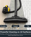 Lightweight Canister Vacuum Cleaner With Hella Powerful 1200 Watt Suction For Carpets Hard Floors And Stairs Comes With Five Dust Bags For Zero Sweat Whole House Cleanup Moves Smooth Yellow on wooden, carpet, and tile surfaces.